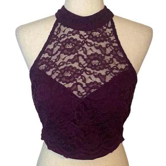 Jodi Kristopher lace halter peek a boo crop top burgundy/plum size 7 - Picture 1 of 10